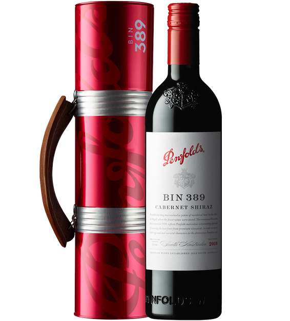 Bin 389 Cabernet Shiraz 750ml bottle with gift tin tube with luggage handle